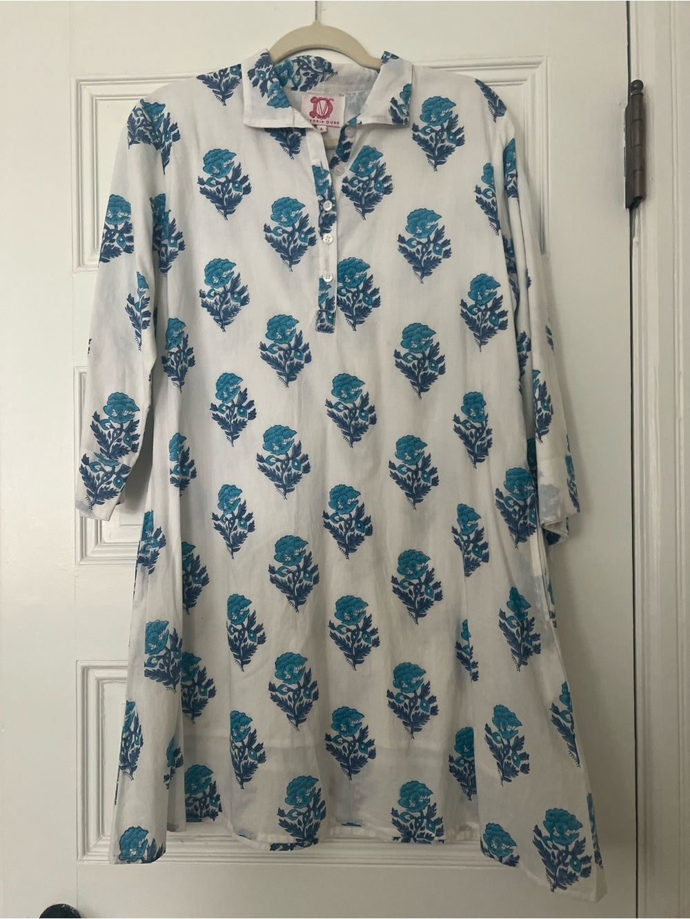 Victoria Dunn White Tunic Dress with Teal Floral Print